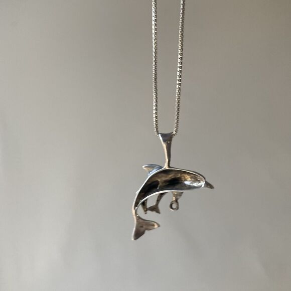 Vintage Sterling Silver 925 Dolphin Mom Baby Family Pendant Necklace 24in Chain - Picture 5 of 14